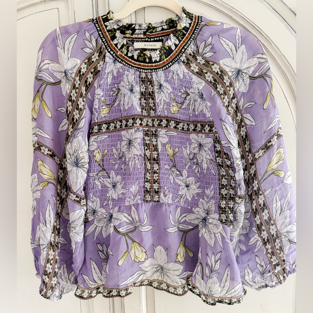 Aylaya Floral Smocked Boho Blouse Lavender Size M